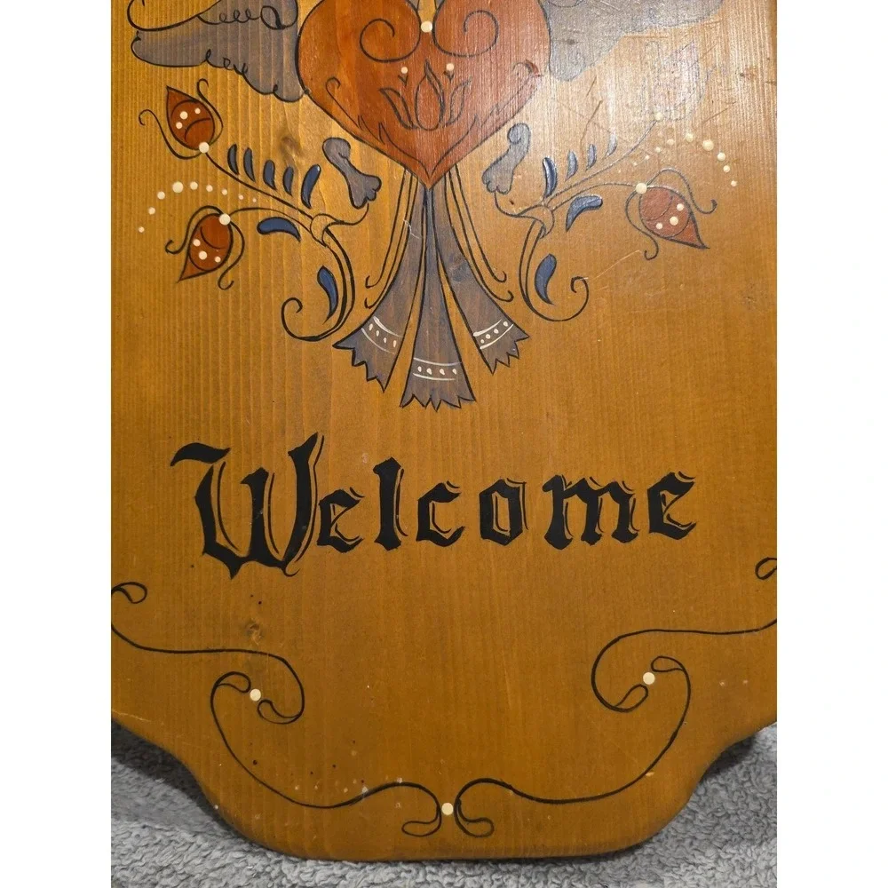 Vintage Handpainted Wooden Welcome Sign Geese Ducks Birds Hearts Hanging 17x9 In